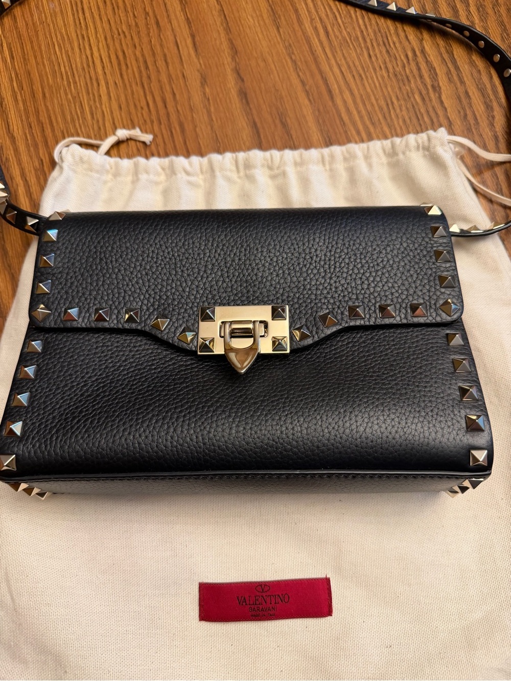 Valentino Black Pebbled Leather Rockstud Crossbody Bag with Gold Hardware